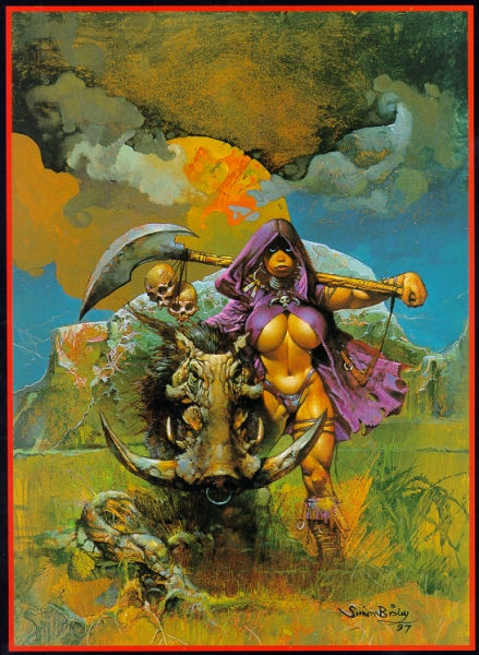 A girl in a purple hood and cape travels the outback with a boar