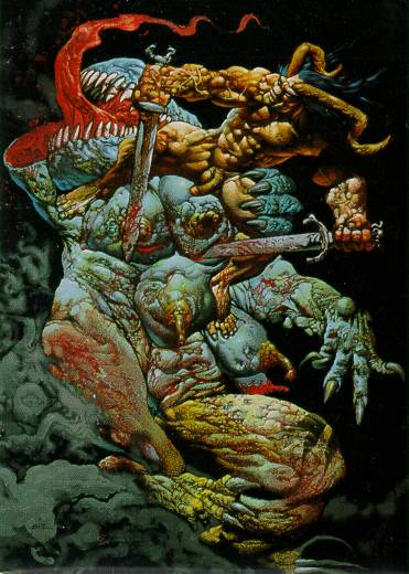 A naked horned monster fights