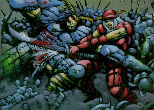 The purple and blue armies fight