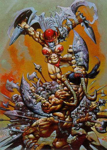 The white haired woman warrior and the man with swords as hands