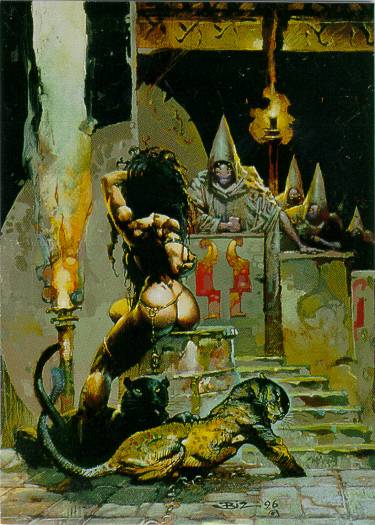 A beautiful dark haired woman talks to a priest